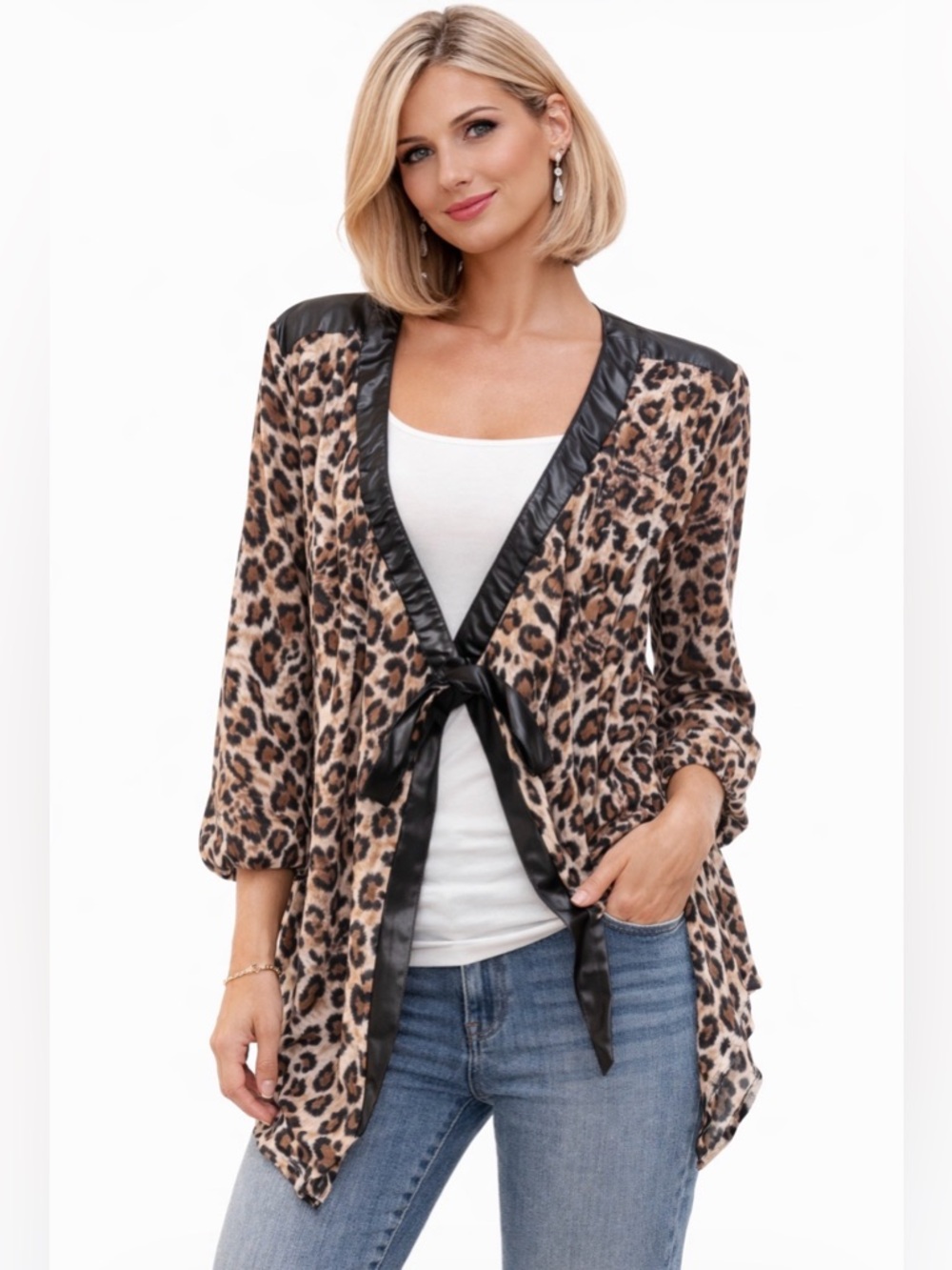 Poetry long sleeve asymmetrical open front leopard print sheer cardigan